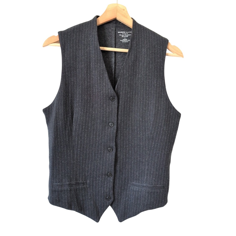 Majestic Filatures Paris Cotton Cashmere Pinstripe Vest Waistcoat Grey 2 Small